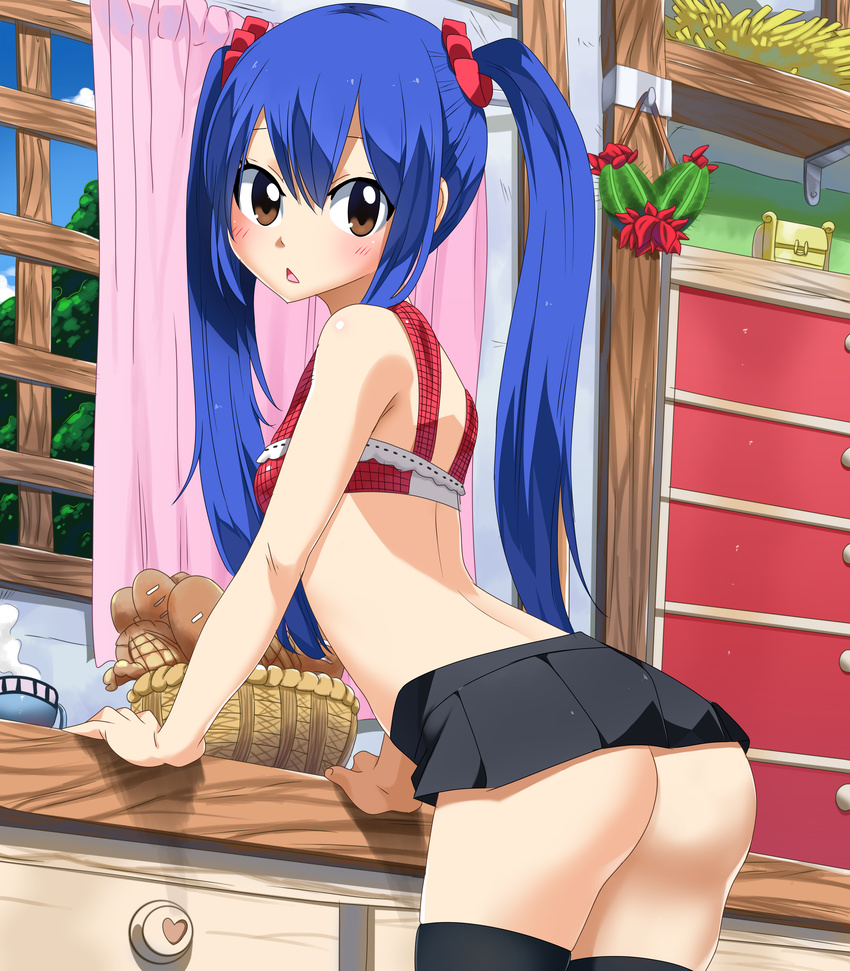 absurdres arm_support ass black_skirt black_thighhighs blue_hair blush bra bread breasts brown_eyes cowboy_shot day fairy_tail female food hair_between_eyes hair_ornament hair_scrunchie highres indoors leaning_forward long_hair looking_at_viewer microskirt no_panties open_mouth planeptune pleated_skirt red_bra scrunchie shiny_skin skirt small_breasts solo standing steam thighhighs twintails underwear very_long_hair wendy_marvell window