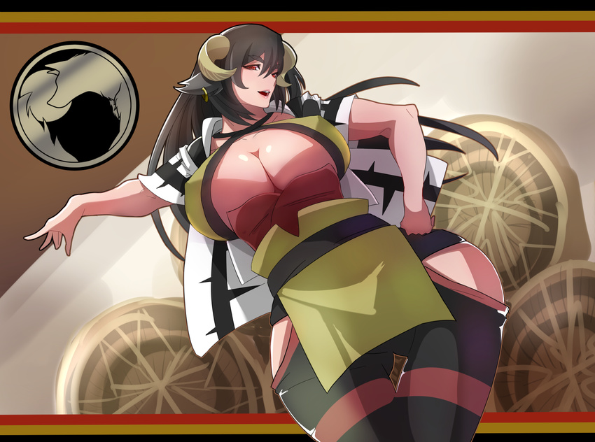 baron_(nsbaron) black_hair breasts cleavage commentary_request curvy female hand_on_own_hip horns huge_breasts long_hair open_mouth pixiv_fantasia pixiv_fantasia_t red_eyes smile solo thick_thighs thighs underboob wide_hips