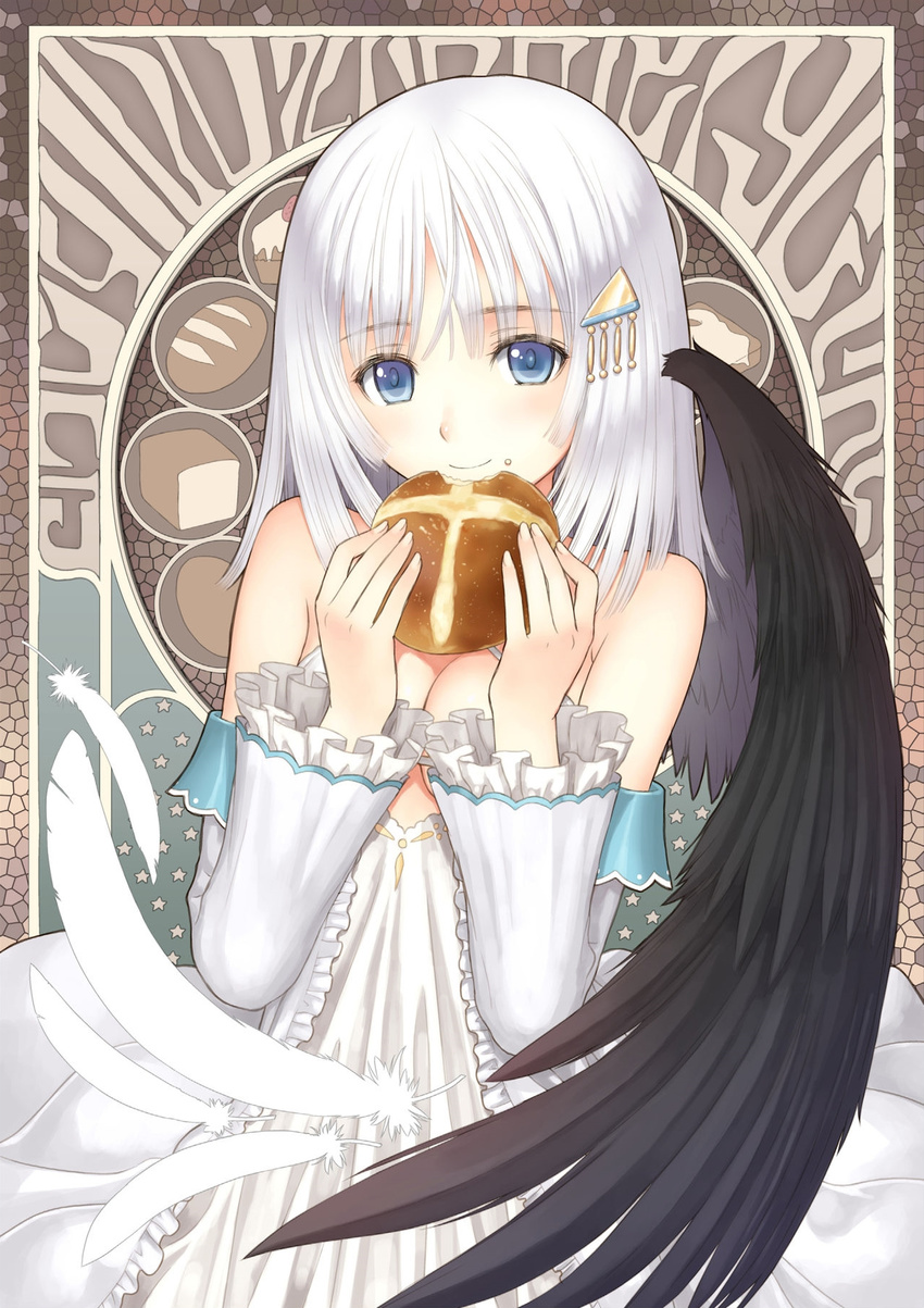 bare_shoulders black_wings blue_eyes bread breasts cleavage criss-cross_halter detached_sleeves dress eyebrows feathered_wings feathers female food food_on_face frilled_sleeves frills hair_ornament hairclip halterneck highres holding holding_food long_hair looking_at_viewer medium_hair official_art paint.net_(medium) panis_angelicus shining_(series) shining_ark single_wing small_breasts smile solo star_(symbol) tony_taka upper_body white_dress white_hair wings