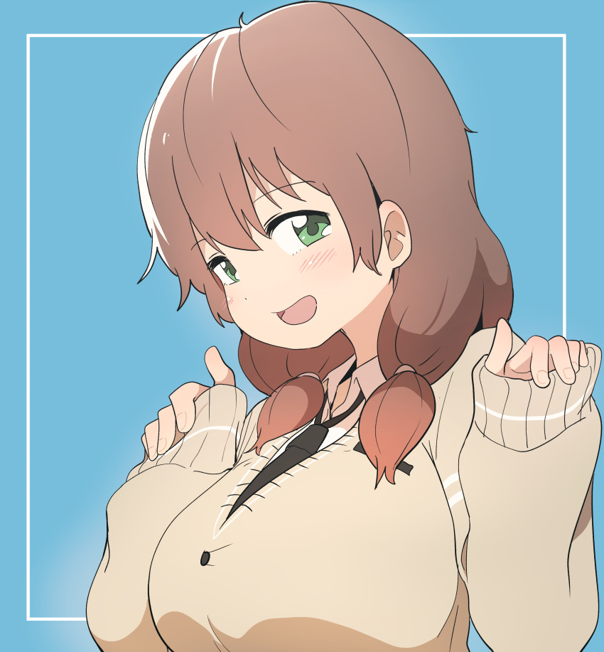 absurdres blush breasts brown_hair bural_chingu commentary female green_eyes ham_na-bi highres huge_breasts korean_commentary looking_at_viewer luke_(dydansgur) necktie open_mouth school_uniform shirt short_twintails simple_background smile solo twintails