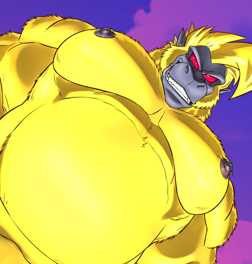 2024 anthro baby_(dragon_ball) baby_vegeta dragon_ball dragon_ball_gt dragon_ball_z fur hi_res looking_at_viewer looking_down looking_down_at_viewer low-angle_view male mammal meme muscular muscular_male nipples nude oozaru oozaru_baby pecs primate red_eyes saiyan seyrmo simple_background smile solo yellow_body yellow_fur