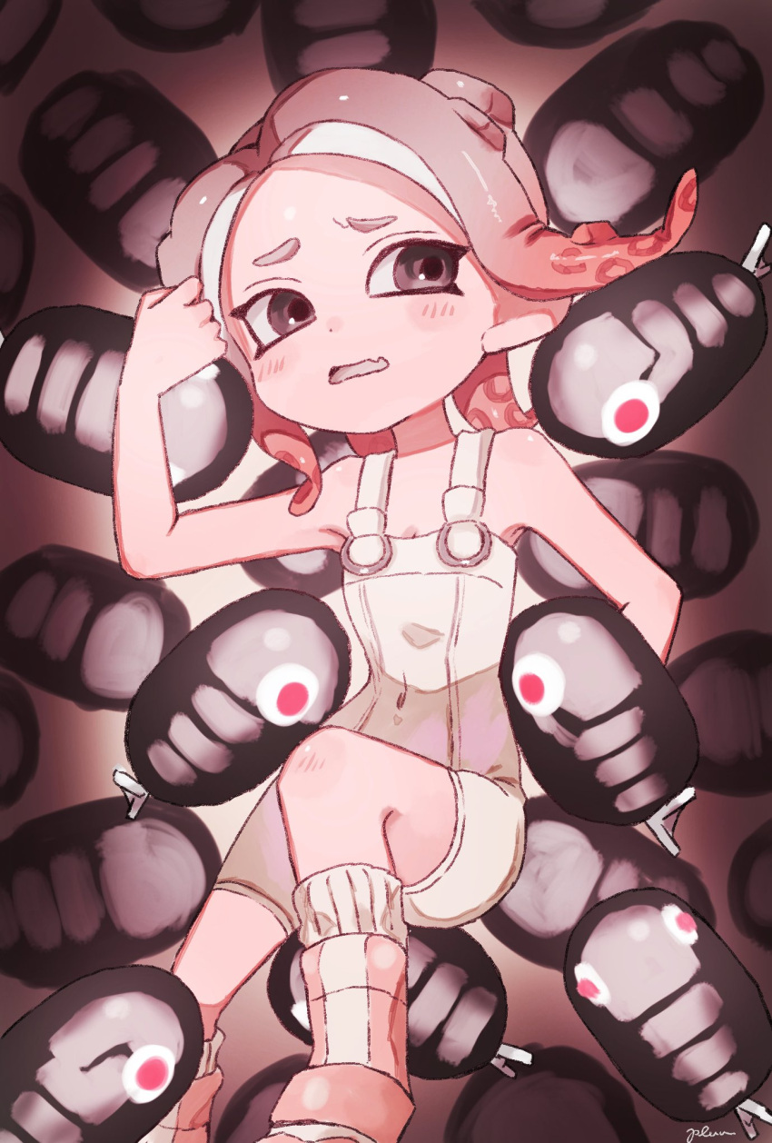 agent_8_(splatoon) black_eyes bodysuit boots commentary_request covered_navel female fish_skeleton gradient_hair grey_hair highres jelleton medium_hair multicolored_hair octoling octoling_girl octoling_player_character oerba_yun_fang open_mouth plum0o0 red_eyes scared signature skin_fang sleeveless sleeveless_bodysuit socks solo splatoon_(series) splatoon_3 splatoon_3:_side_order swarming_languendo tentacle_hair two-tone_hair white_bodysuit white_socks