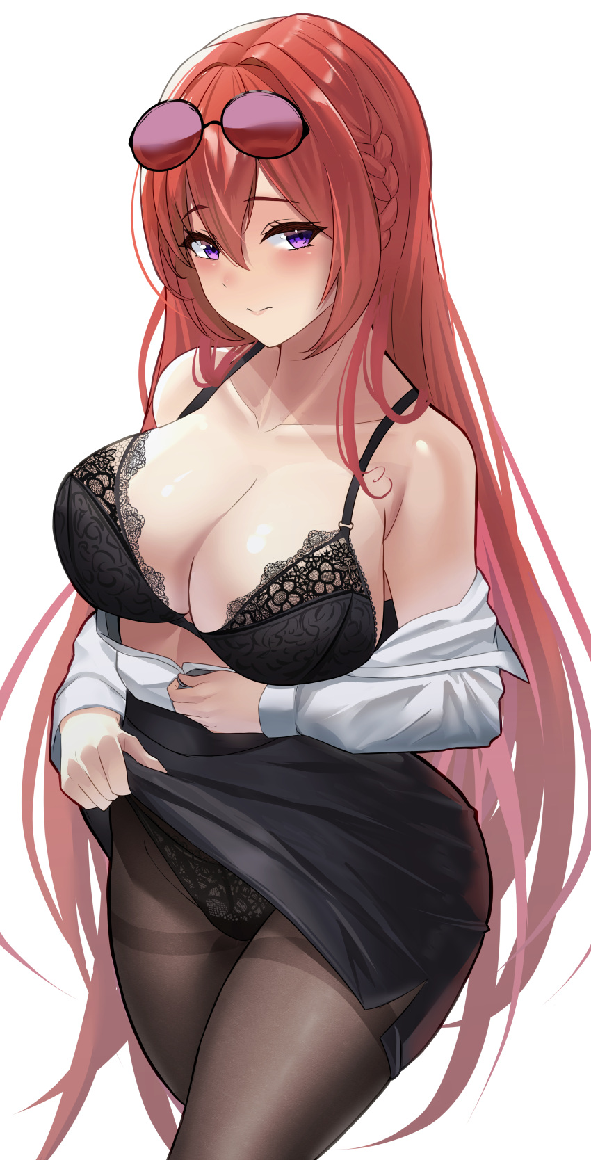 absurdres azur_lane bare_shoulders black_bra black_panties black_pantyhose black_skirt blush bouhuuu bovine bra braid breasts closed_mouth clothes_lift commentary_request cowboy_shot eyewear_on_head female groin hair_between_eyes highres lace-trimmed_bra lace-trimmed_panties lace_trim large_breasts lifting_own_clothes long_hair looking_at_viewer monarch_(azur_lane) monarch_(detective_arriving_on_the_scene)_(azur_lane) nervous_smile official_alternate_costume open_clothes open_shirt panties pantyhose partial_commentary pencil_skirt purple_eyes red_hair simple_background skirt skirt_lift smile solo sunglasses thick_thighs thighband_pantyhose thighs underwear undressing white_background