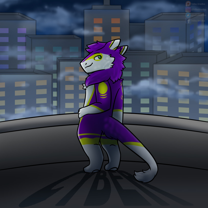 1:1 absurd_res ambiguous_gender anthro city city_background cloud digitigrade female_(lore) fur green_eyes hair hand_on_hip hi_res long_hair looking_back mauve_(mauvedash) multicolored_body purple_body purple_fur sergal solo tail tail_tuft toffee_creation tuft yellow_body yellow_fur