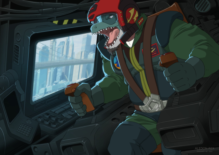 2021 5_fingers aledonrex alternate_version_at_paywall armor beard better_version_at_paywall chair clothed clothing cockpit crocodile crocodilian crocodylid detailed_background facial_hair fingers fully_clothed furniture gloves green_body green_scales handwear headgear helmet inside jumpsuit male multicolored_body reptile scales scalie seatbelt sitting slightly_chubby slightly_chubby_male solo teeth tongue white_body white_scales