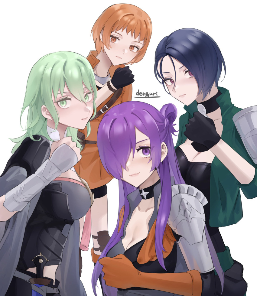 4girls armor artist_name asymmetrical_clothes black_choker black_corset black_gloves blue_hair breasts brown_gloves byleth_(female)_(fire_emblem) byleth_(fire_emblem) choker cleavage clenched_hand collar corset dark_blue_hair enlightened_byleth_(female) fire_emblem fire_emblem:_three_houses fire_emblem_warriors:_three_hopes fist_pump gloves green_eyes green_hair green_jacket hair_bun hair_over_one_eye highres jacket knife large_breasts leonie_pinelli long_hair looking_at_viewer medium_hair multiple_girls one_eye_covered open_clothes open_jacket orange_eyes orange_hair pauldrons purple_eyes purple_hair red_eyes red_gloves sakuramotikun serious shamir_nevrand shez_(female)_(fire_emblem) shez_(fire_emblem) short_hair shoulder_armor simple_background single_hair_bun single_pauldron smile twitter_username white_background