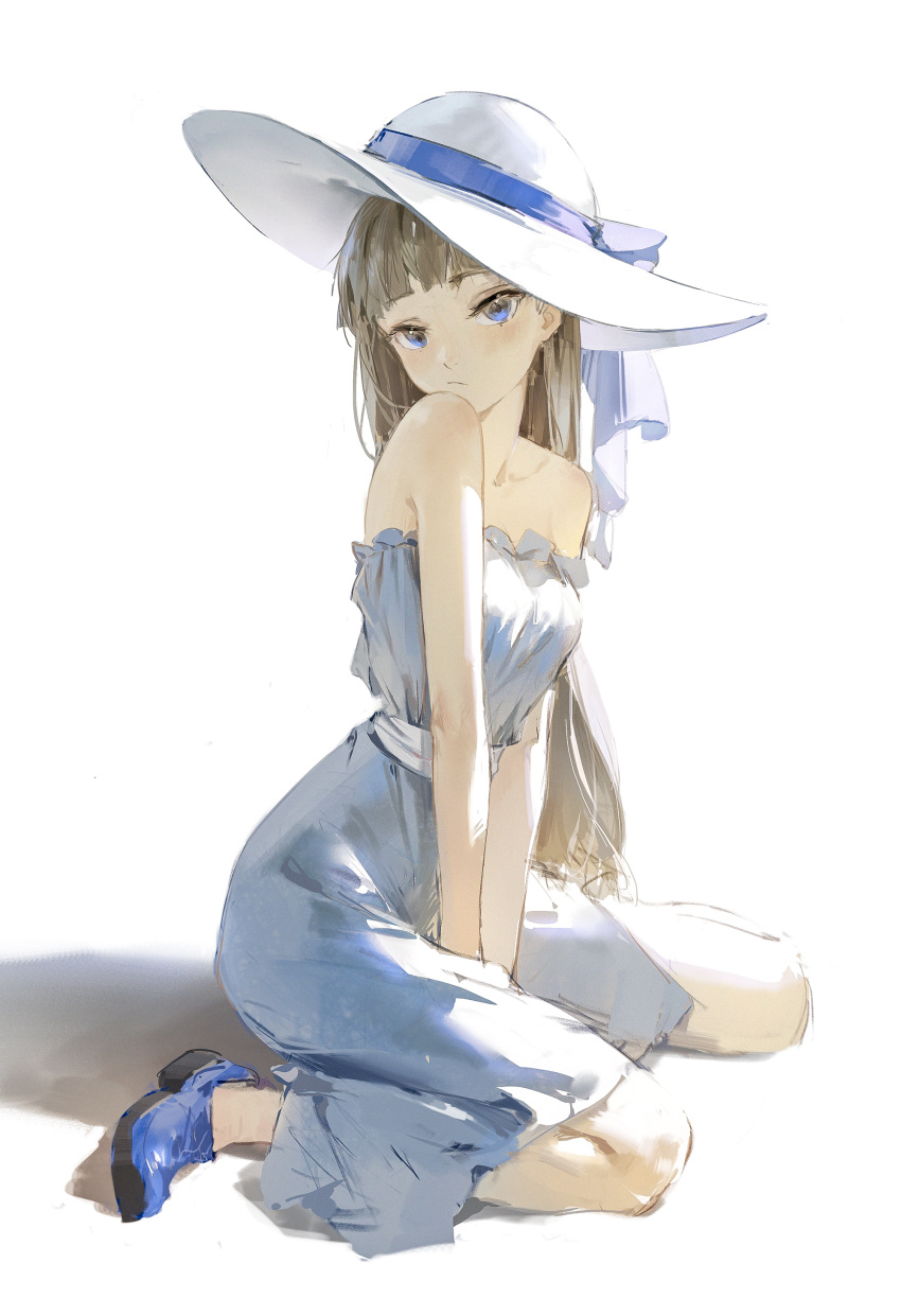 absurdres arms_between_legs bare_shoulders blue_eyes blue_footwear blush breasts brown_hair commentary dino_(dinoartforame) dress female hat hat_ribbon highres lawine_(sousou_no_frieren) long_hair looking_at_viewer ribbon simple_background sitting small_breasts solo sousou_no_frieren straight_hair strapless strapless_dress sun_hat very_long_hair wariza white_background white_dress