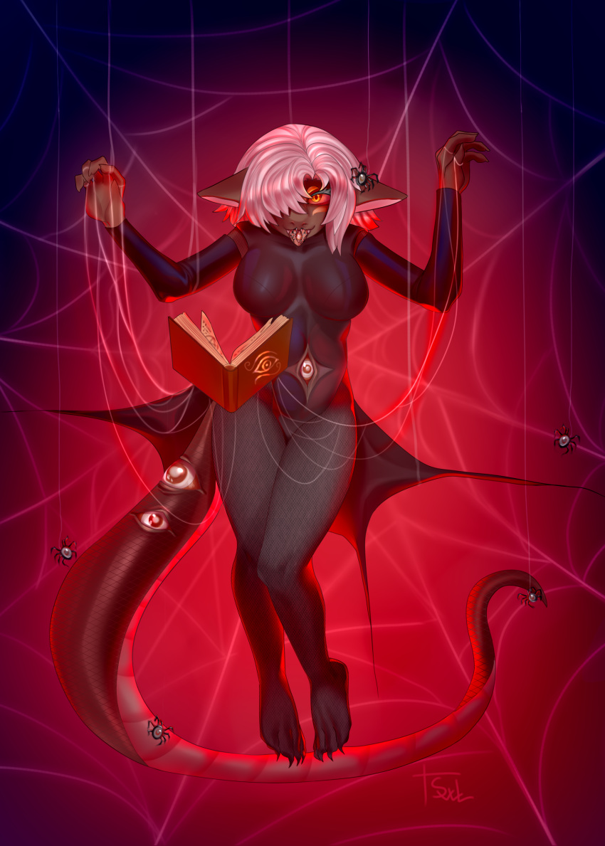 anthro arachnid arthropod biped breasts clothing digital_media_(artwork) dragon eliza_brown female female_anthro hair hi_res mythological_creature mythological_scalie mythology porcelaindevil scalie solo spider sweetliarr tail white_hair yellow_eyes