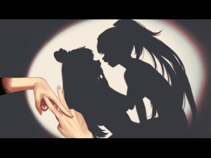 2girls agemmata different_shadow fujikura_uruka highres hololive_shadow_puppet_(meme) long_hair meme multiple_girls open_mouth phase_connect ponytail pov pov_hands rinkou_ashelia shadow_puppet silhouette spotlight tribadism_gesture yuri