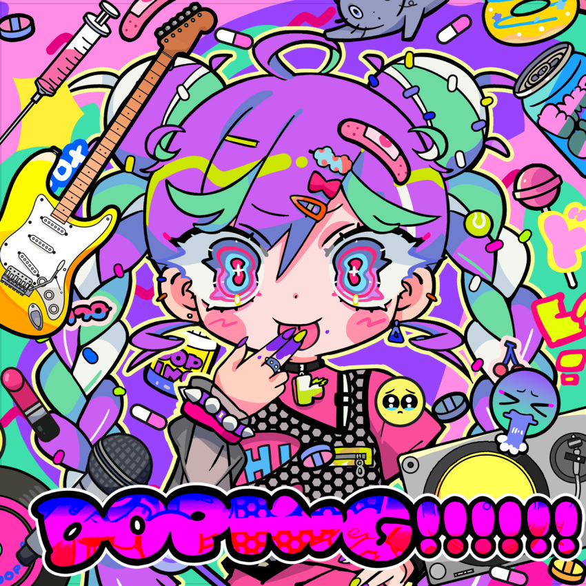 ahoge album_cover album_name animal aqua_hair bandaid bandaid_on_head black_collar black_vest blush_stickers bracelet braid can candy cherry collar cover double_bun doughnut drink_can drugs ear_piercing earrings emoji feline female food fruit grey_sleeves guitar hair_bun hair_ornament hairclip hairpin highres indie_utaite instrument jewelry licking licking_finger lipstick lollipop looking_at_viewer makeup microphone multicolored_eyes multicolored_hair multiple_hairpins nanawo_akari necklace official_art outline piercing pill pink_bracelet pink_shirt print_shirt psychedelic purple_bracelet purple_hair purple_nails record sad_emoji shirt single_earring soda_can solo spiked_bracelet spikes sprinkles stain streaked_hair syringe terada_tera turntable twin_braids vest white_hair yellow_nails yellow_outline