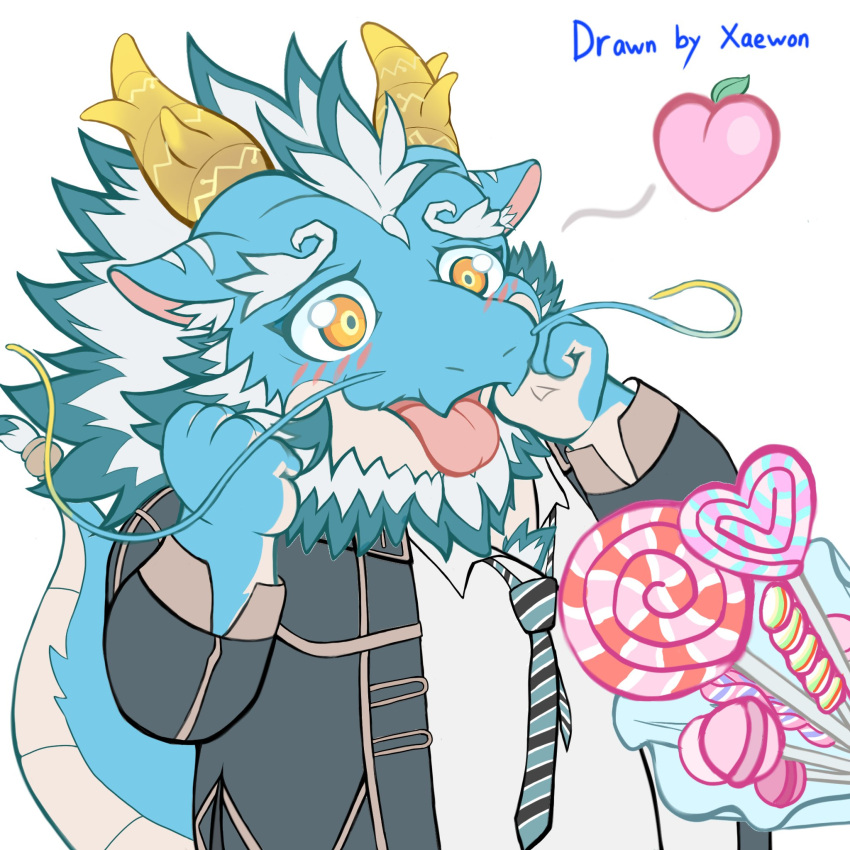 1:1 2024 age_difference anthro beard blue_body blush candy chibi dessert dragon facial_hair food hair happy hi_res horn lifewonders lollipop male mature_male mythological_creature mythological_scalie mythology necktie older_male qinglong_(tas) receiving_gift scalie smile tail tokyo_afterschool_summoners white_hair xaewon84