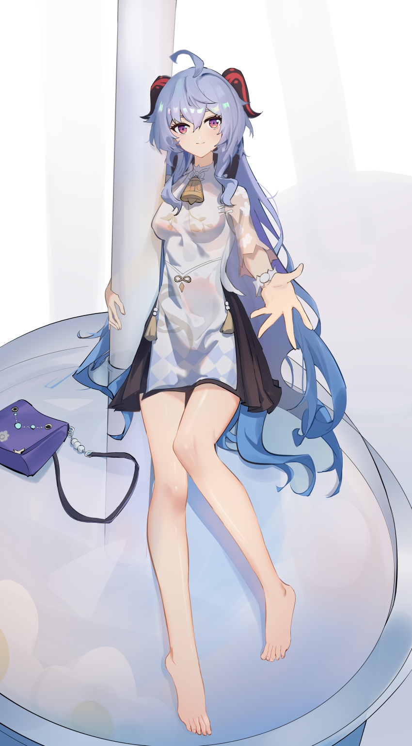 absurdres ahoge barefoot bell black_skirt blue_hair breasts chinese_commentary commentary cowbell dress feet female ganyu_(genshin_impact) ganyu_(heytea)_(genshin_impact) genshin_impact goat_horns highres horns knees_together_feet_apart legs light_blue_hair long_hair looking_at_viewer medium_breasts neck_bell official_alternate_costume pleated_skirt purple_bag purple_eyes qixia skirt smile solo tassel toenails toes very_long_hair wavy_hair white_dress