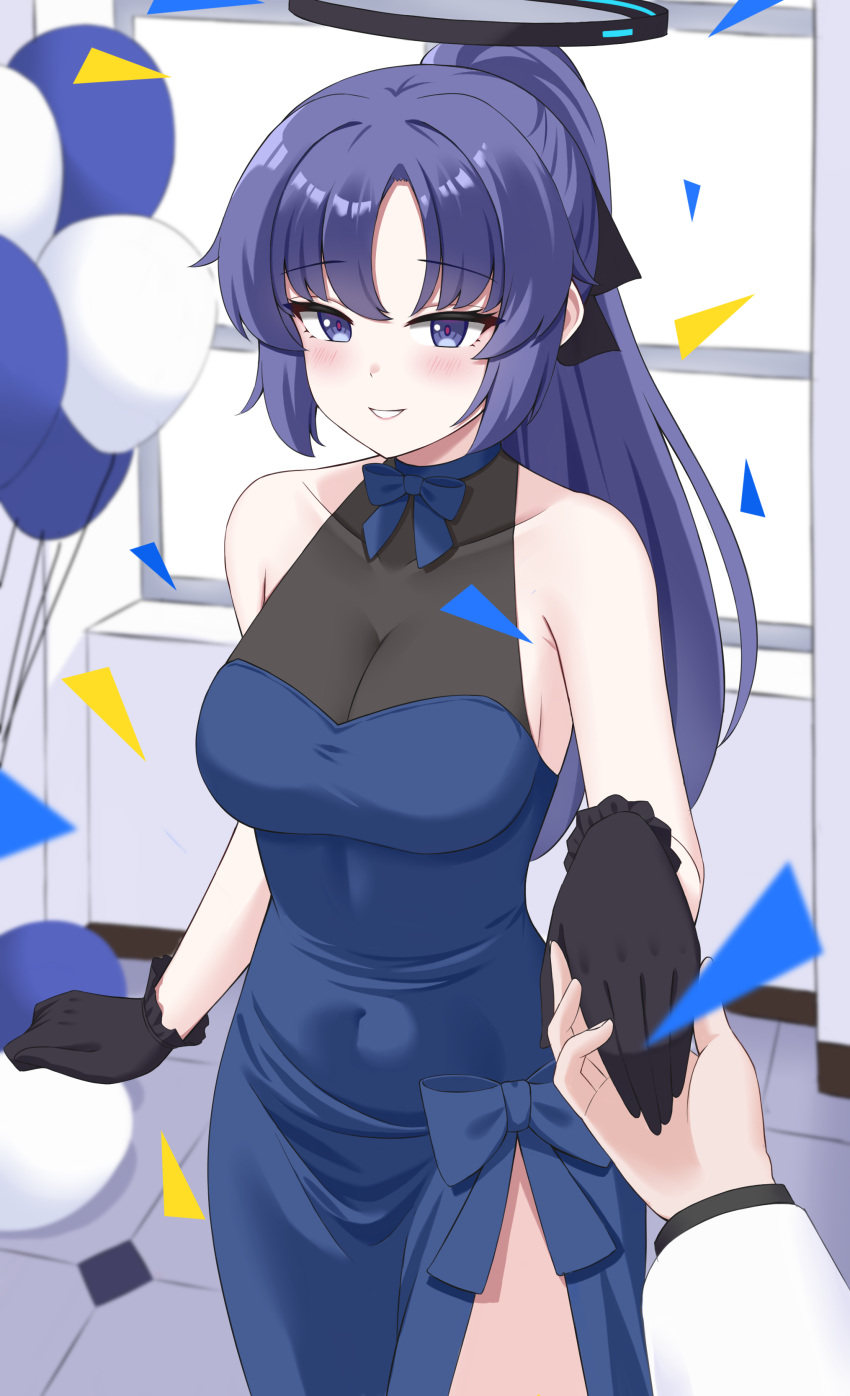 1other absurdres black_gloves blue_archive blush breasts cleavage collarbone cowboy_shot dress female gloves halo highres indoors kyujuukyu large_breasts long_hair mechanical_halo open_mouth purple_dress purple_eyes purple_hair sleeveless sleeveless_dress smile solo_focus yuuka_(blue_archive)