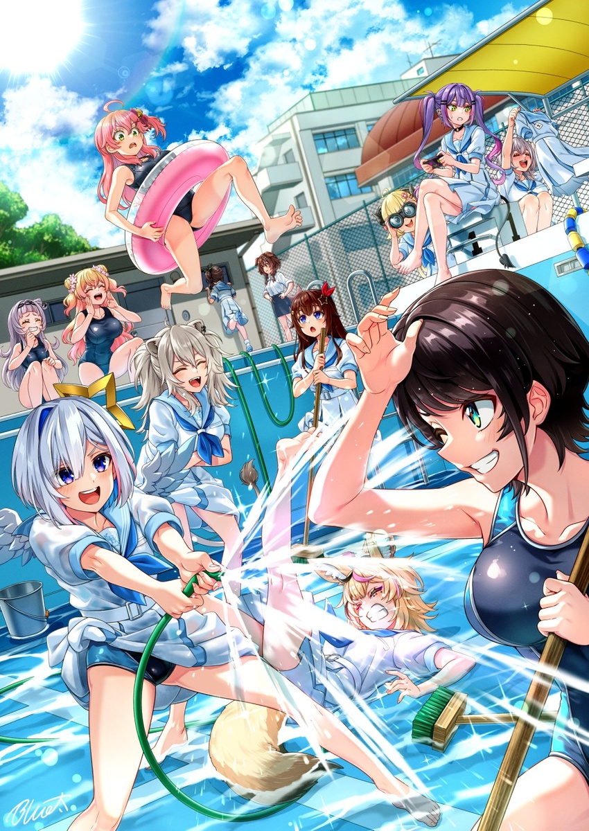 6+girls ahoge amane_kanata angel angel_wings animal_ear_fluff animal_ear_piercing animal_ears aqua_sailor_collar arched_bangs barefoot belt bibi_(tokoyami_towa) binoculars black_hair black_skirt blonde_hair blue_eyes blue_hair braid breasts broom brown_hair bucket buru-dai cloud collarbone commentary_request crossed_legs day dog_ears dog_girl dog_tail double_bun empty_pool fallen_down feathered_wings flower fox_ears fox_girl green_eyes grey_hair hair_bun hair_flaps hair_flower hair_ornament halo highres holding holding_binoculars holding_clothes holding_hose holohoneygaoka_high_school_uniform holohoneygaoka_koukou hololive horns hose innertube inugami_korone jumping laughing lion_ears lion_girl lion_tail long_hair medium_hair momosuzu_nene multicolored_hair multiple_girls murasaki_shion natsuiro_matsuri official_alternate_costume omaru_polka one-piece_swimsuit one_side_up oozora_subaru outdoors pencil_skirt pink_hair pleated_skirt pool puffy_short_sleeves puffy_sleeves purple_eyes purple_hair sailor_collar school school_swimsuit school_uniform serafuku sheep_girl sheep_horns shirogane_noel shirt shishiro_botan short_hair short_sleeves sidelocks single_hair_intake sitting skirt skirt_rolled_up sleeves_rolled_up smile splashing squatting standing star_(symbol) star_hair_ornament star_halo streaked_hair swept_bangs swim_ring swimsuit tail tokino_sora tokoyami_towa tsunomaki_watame twin_braids twintails two_side_up virtual_youtuber wading white_belt white_serafuku white_shirt wings