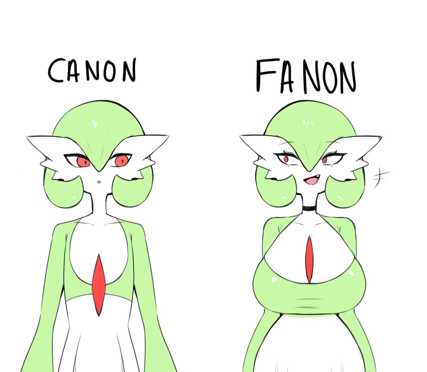 alternate_breast_size big_breasts breast_size_difference breasts choker cleavage clothed clothing cute_fangs duo english_text eye_contact eyelashes fangs female flat_chested front_view gardevoir generation_3_pokemon green_body green_hair green_skin hair hi_res humanoid jewelry laugh looking_at_another looking_at_another's_breasts looking_at_breasts necklace nintendo open_mouth open_smile pokemon pokemon_(species) red_eyes simple_background smile smug standing teeth text white_background white_body white_skin wide_hips wozzu1