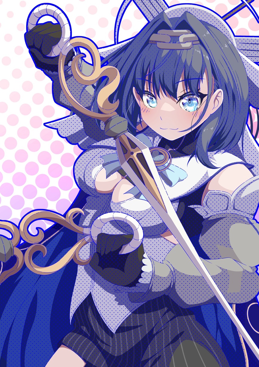 black_gloves black_hair blue_eyes bow bow_earrings breasts chain_headband chains clock clothing_cutout colored_inner_hair contrapposto danball_shiro detached_sleeves dual_wielding earrings female gloves hair_intakes happy_birthday highres holding holding_sword holding_weapon hololive hololive_english jewelry large_breasts looking_at_viewer multicolored_hair ouro_kronii ouro_kronii_(1st_costume) polka_dot polka_dot_background ribbon_earrings smile solo sword underboob_cutout upper_body virtual_youtuber weapon wide_sleeves