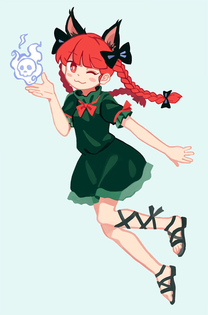 :3 animal_ear_fluff animal_ears bad_id bad_pixiv_id black_bow black_footwear black_ribbon blunt_bangs blush_stickers bow bowtie braid bright_pupils cat_ears closed_mouth dress extra_ears female flaming_skull floating_skull frilled_dress frills full_body green_dress hairbow hand_up highres hitodama holding holding_skull kaenbyou_rin leg_ribbon long_hair looking_at_viewer nekomata one_eye_closed puffy_short_sleeves puffy_sleeves red_bow red_bowtie red_eyes red_hair ribbon sandals short_sleeves skull solo touhou twin_braids white_pupils you_taira