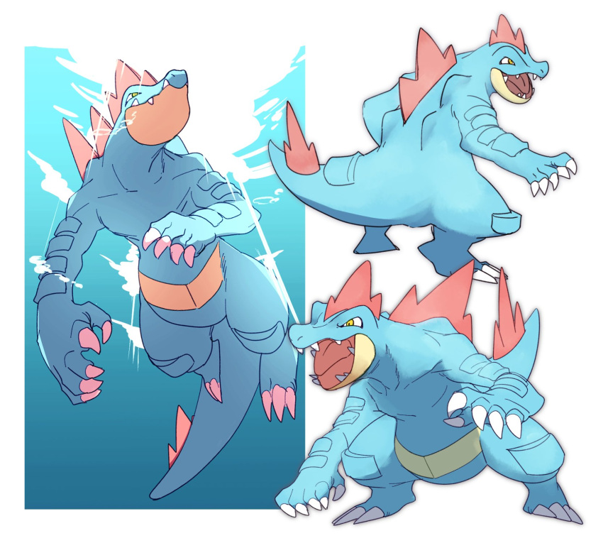 claws closed_mouth commentary fangs fangs_out feraligatr highres legs_apart looking_to_the_side morio_(poke_orio) multiple_views no_humans open_mouth pokemon pokemon_(creature) standing swimming symbol-only_commentary tongue yellow_eyes