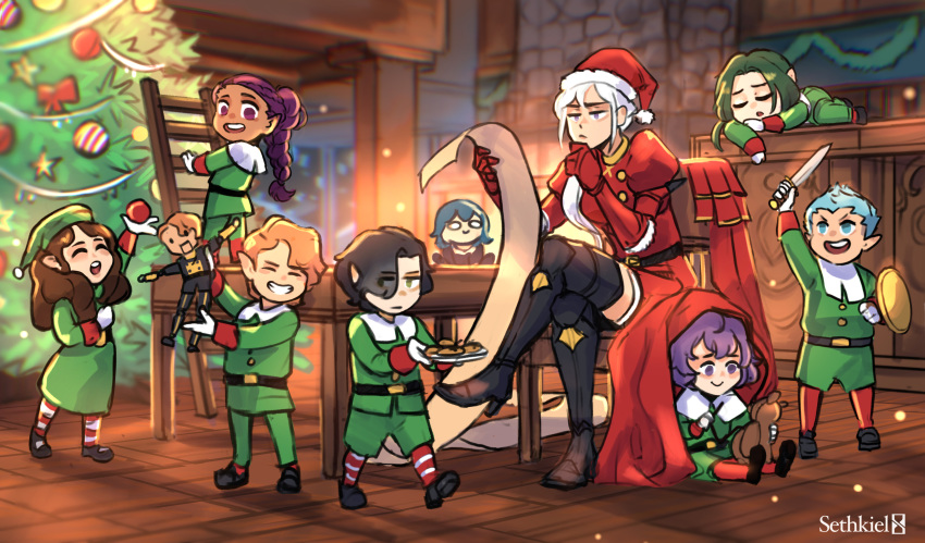 4boys 5girls absurdres bernadetta_von_varley black_footwear boots cape_removed caspar_von_bergliez character_doll christmas christmas_tree dorothea_arnault elf ferdinand_von_aegir fire_emblem fire_emblem:_three_houses fireplace hat highres hubert_von_vestra ladder multiple_boys multiple_girls petra_macneary pointy_ears puppet reading santa_hat sethkiel sitting table thigh_boots thighhighs