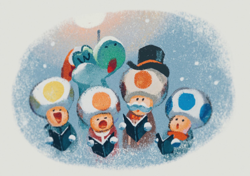 2020 ambiguous_gender anthro book bow_tie christmas christmas_clothing christmas_headwear clothed clothing coat everydaylouie facial_hair fungus green_yoshi group hat headgear headwear holidays male mario_bros moustache mushroom nintendo open_mouth outside santa_hat scalie singing snow snowing toad_(mario) toadsworth top_hat topwear yoshi