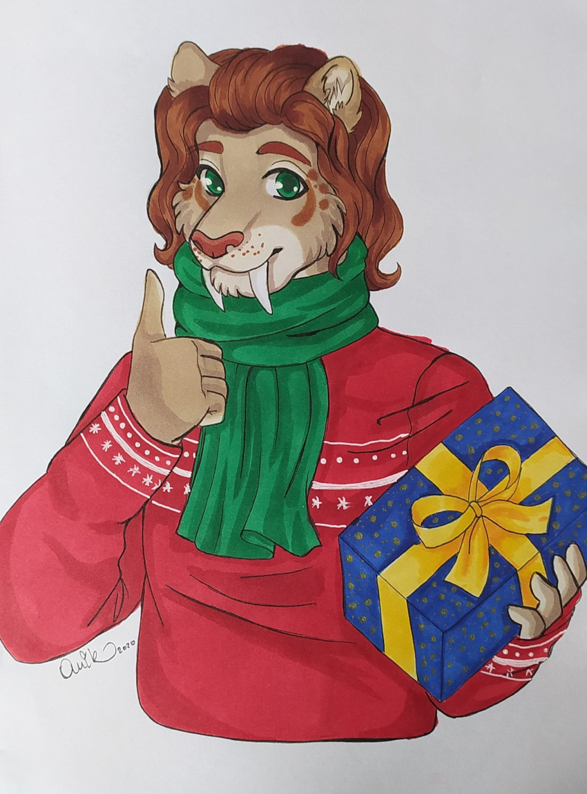 5_fingers anthro christmas clothed clothing extinct felid fingers fur gesture gift green_eyes hair half-length_portrait hand_gesture hi_res holidays homotherium looking_at_viewer machairodontinae machairodus_aphanistus male mammal portrait prehistoric_species q-nik saber-toothed_tiger scarf smile solo sweater thumbs_up topwear wasmundt_bierman