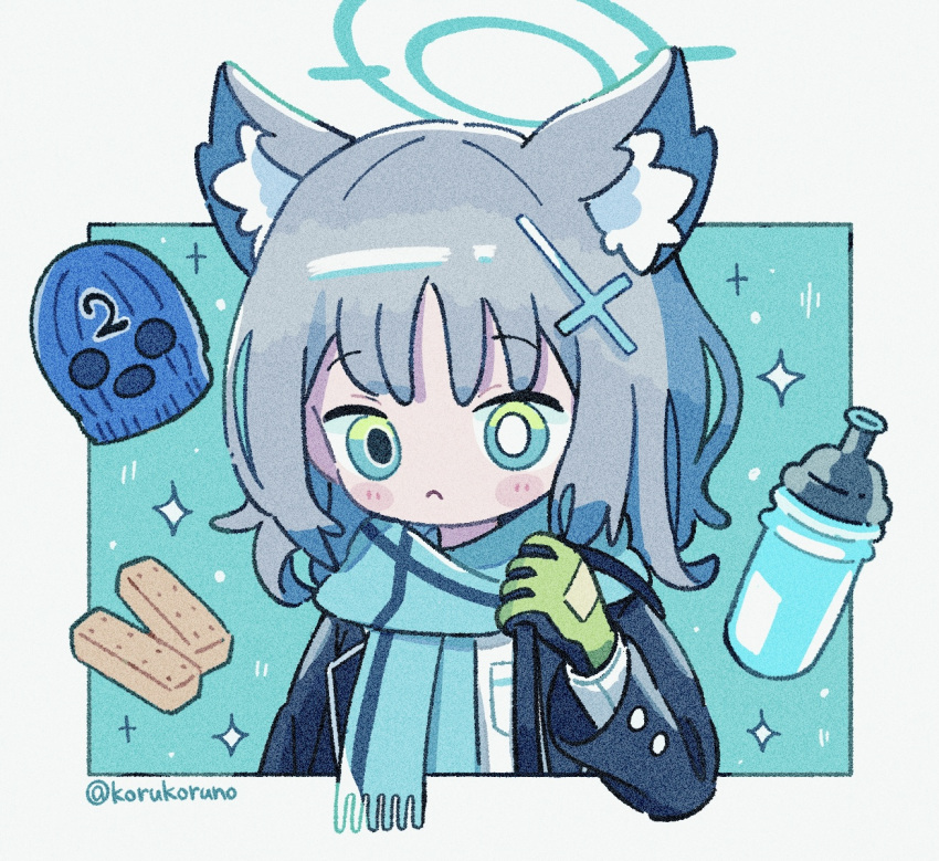 animal_ear_fluff animal_ears balaclava blue_archive blue_background blue_jacket blue_scarf blush_stickers bottle bright_pupils chibi closed_mouth commentary_request extra_ears female fringe_trim gloves green_eyes green_gloves grey_background grey_hair hair_ornament halo hand_up jacket koru_koruno long_hair long_sleeves mismatched_pupils open_clothes open_jacket scarf school_uniform shiroko_(blue_archive) shirt signature solo twitter_username upper_body water_bottle white_pupils white_shirt wolf_ears