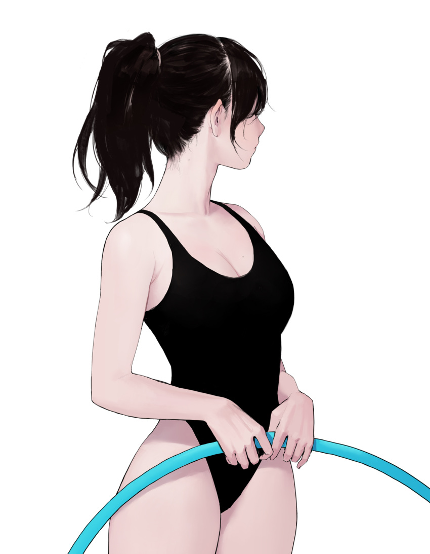 athletic_leotard bad_id bad_twitter_id bare_arms bare_shoulders black_hair breasts cleavage collarbone commentary cowboy_shot dongho_kang female gymnastics highleg highleg_leotard highres holding hoop hula_hoop large_breasts leotard long_hair looking_to_the_side original pale_skin ponytail rhythmic_gymnastics simple_background solo symbol-only_commentary white_background