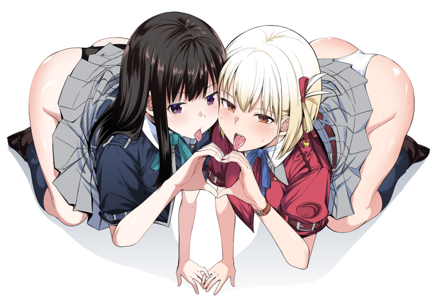 2girls all_fours ass belt black_hair black_panties black_socks blonde_hair blue_belt blue_dress blue_ribbon bob_cut brown_footwear chicke_iii collared_shirt comiket_102 dress full_body green_ribbons grey_dress hair_ribbon heart heart_hands heart_hands_duo highres inoue_takina kneehighs long_hair looking_at_viewer lycoris_recoil lycoris_uniform multiple_girls neck_ribbon nishikigi_chisato open_mouth panties pleated_dress purple_eyes red_belt red_dress red_eyes red_ribbon ribbon shirt short_hair short_sleeves skirt_rolled_up socks tongue tongue_out two-tone_dress underwear white_background white_panties white_shirt