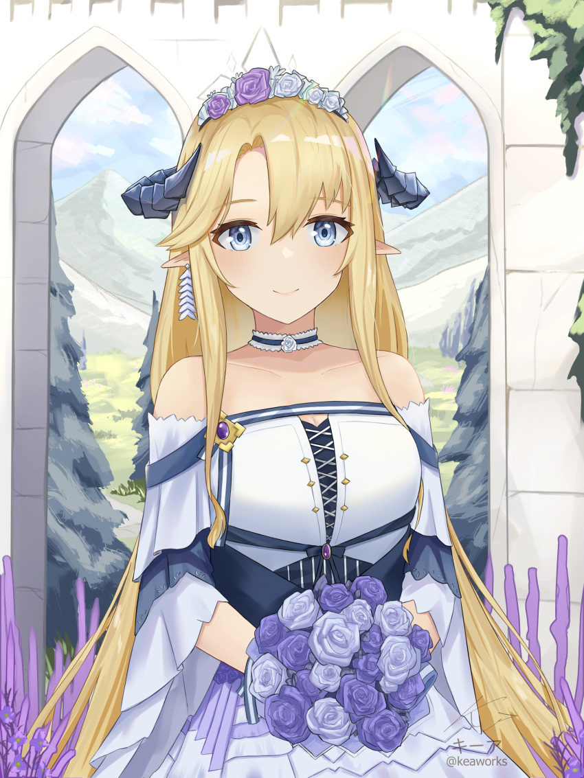 absurdres arknights blonde_hair blue_eyes blue_flower blue_rose bouquet choker collarbone commentary_request detached_sleeves dragon_horns dress earrings female flower hair_between_eyes highres holding holding_flower horns jewelry keaworks long_hair looking_at_viewer mountain off-shoulder_dress off_shoulder official_alternate_costume pointy_ears rose saileach_(appreciate_fragrance)_(arknights) saileach_(arknights) signature sky smile solo tree white_dress white_flower white_rose wide_sleeves wreath