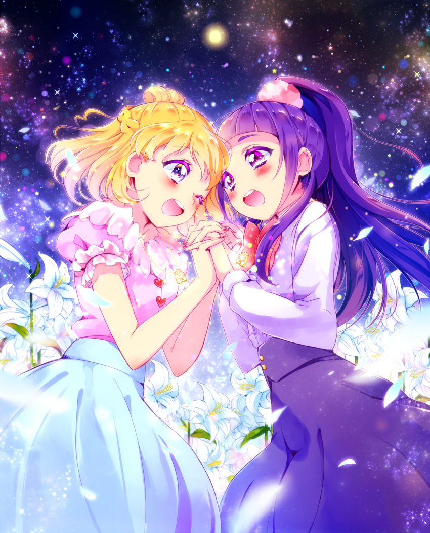 2girls asahina_mirai blonde_hair blush commentary_request flower highres holding_hands interlocked_fingers izayoi_liko long_hair looking_at_viewer mahou_girls_precure! multiple_girls night night_sky one_eye_closed open_mouth piano_(mymel0v) precure purple_eyes purple_hair short_hair skirt sky smile star_(sky) starry_sky yuri