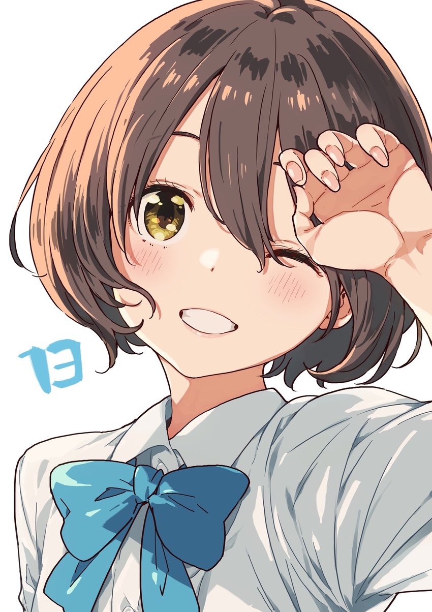 blue_bow blue_bowtie blush bow bowtie brown_hair collared_shirt female fingernails grin hair_between_eyes hand_on_own_forehead head_tilt highres imigimuru kono_bijutsubu_niwa_mondai_ga_aru! light_blush lips long_fingernails looking_at_viewer one_eye_closed portrait shirt short_hair simple_background smile solo teeth upper_body usami_mizuki white_background white_shirt yellow_eyes