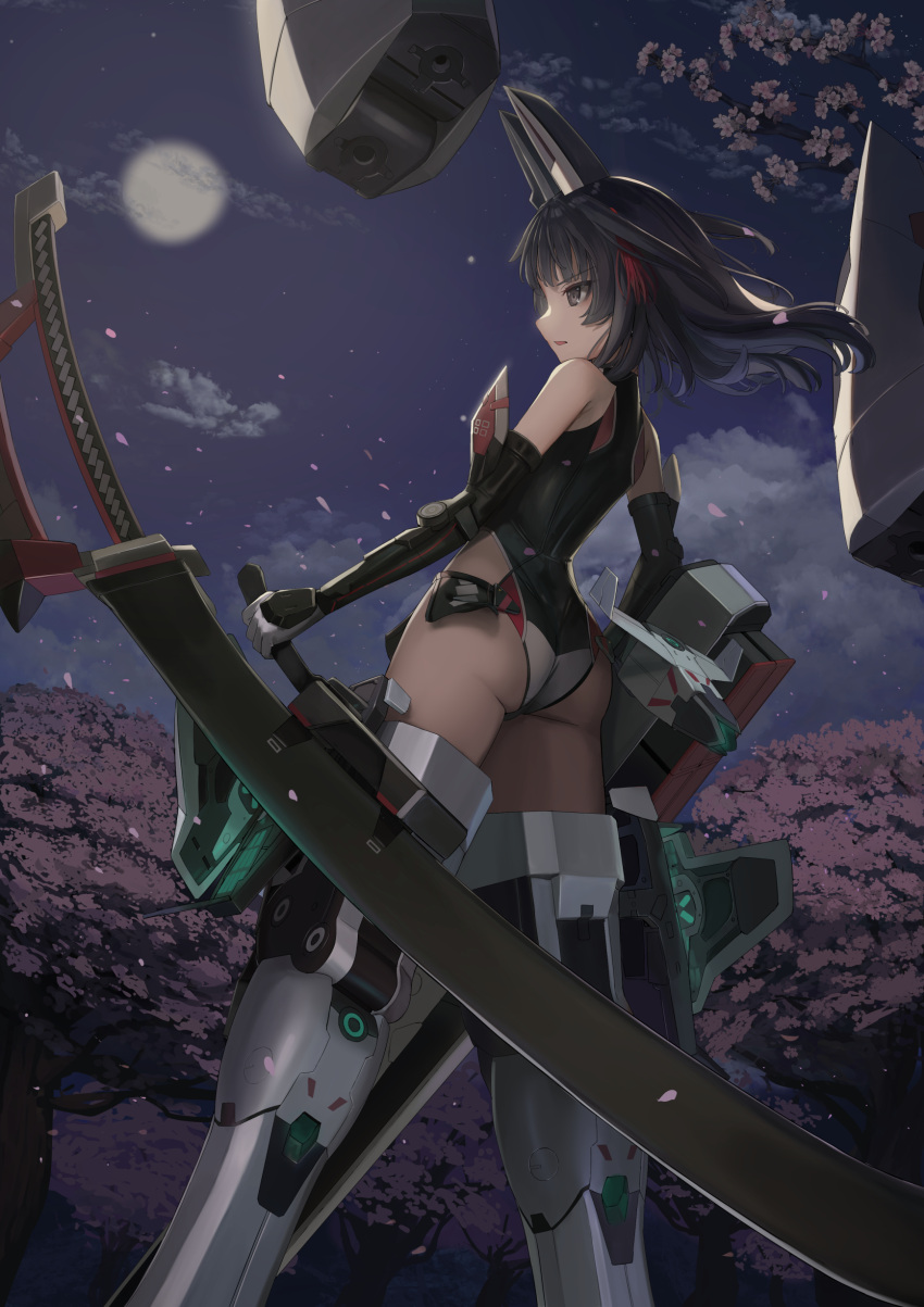 absurdres agatsuma_kaede alice_gear_aegis ass black_eyes black_hair commentary_request female floating floating_object flower highres holding holding_sword holding_weapon katana leotard mecha_musume moon night night_sky sky solo sunga2usagi sword weapon