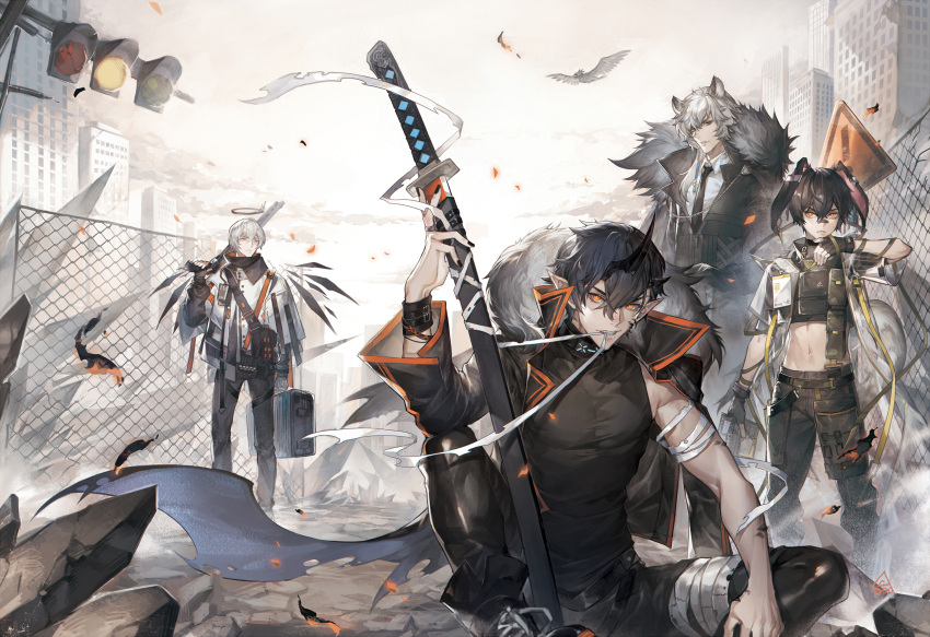 4boys animal_ears arknights ayerscarpe_(arknights) bandaged_arm bandaged_leg bandages bandaid bandaid_on_face bandaid_on_nose belt bird black_cape black_coat black_gloves black_hair black_jacket black_necktie black_pants black_shirt building cape carrying_bag chain-link_fence chinese_commentary city cloud coat collared_shirt commentary_request demon_horns earrings energy_wings executor_(arknights) fence fingerless_gloves flamebringer_(arknights) fur-trimmed_coat fur_trim gloves grey_hair grey_sky gun hair_between_eyes halo highres holding holding_gun holding_sword holding_weapon hood hood_down hooded_jacket horns infection_monitor_(arknights) jacket jacket_on_shoulders jewelry katana long_hair male_focus mechanical_halo midriff multiple_boys necktie orange_eyes originium_arts_(arknights) pants parted_lips pointy_ears rabbit_ears road_sign see-through see-through_jacket shirt short_hair shotgun shoulder_strap sign silverash_(arknights) single_earring sitting sky sleeveless sleeveless_shirt spade-m standing suitcase sword tenzin_(arknights) traffic_light weapon white_hair white_jacket white_shirt