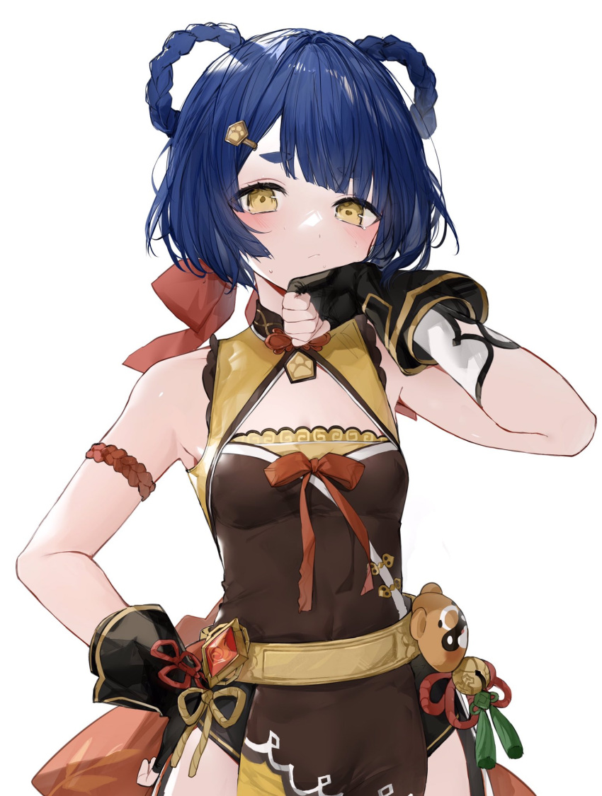 asymmetrical_bangs bad_id bad_twitter_id bare_shoulders belt black_gloves black_shorts blue_hair blush bow bow-shaped_hair breasts brown_ribbon brown_tabard closed_mouth commentary_request crystal female genshin_impact gloves guoba_(genshin_impact) hair_ornament hairbow hand_on_own_hip hand_up highres looking_away medium_breasts red_bow red_ribbon ribbon short_hair short_shorts shorts simple_background solo standing suashi sweat sweatdrop tabard tassel vision_(genshin_impact) white_background xiangling_(genshin_impact) yellow_belt yellow_eyes