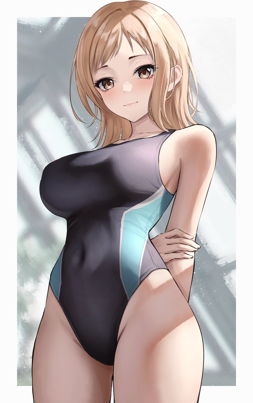 arm_behind_back bare_arms bare_shoulders black_one-piece_swimsuit blonde_hair breasts brown_eyes commentary competition_swimsuit covered_navel cowboy_shot female highleg highleg_swimsuit highres idolmaster idolmaster_shiny_colors large_breasts long_hair looking_at_viewer marinesnow one-piece_swimsuit sakuragi_mano smile solo swimsuit symbol-only_commentary thighs