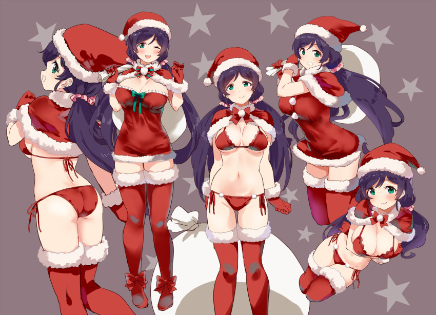 ass bikini boots bow breasts capelet christmas cleavage dress female fur_trim gloves green_eyes hat kurokawa_makoto large_breasts long_hair looking_at_viewer love_live! love_live!_school_idol_project low_twintails multiple_views navel one_eye_closed open_mouth pink_scrunchie purple_hair red_bikini red_bow red_capelet red_dress red_footwear red_gloves red_headwear sack santa_bikini santa_costume santa_hat scrunchie short_dress side-tie_bikini_bottom simple_background standing stomach string_bikini swimsuit thigh_boots thighhighs tojo_nozomi twintails