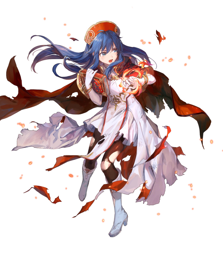 alternate_costume azu-taro blue_eyes blue_hair book boots bracelet breasts cape dress elbow_gloves female fire fire_emblem fire_emblem:_the_binding_blade fire_emblem_heroes forblaze full_body gloves hat highres holding holding_book jewelry knee_boots lilina_(fire_emblem) lilina_(firelight_leader)_(fire_emblem) long_hair looking_away magic medium_breasts non-web_source official_art open_mouth pantyhose pelvic_curtain red_cape shiny_clothes skirt solo torn_cape torn_clothes torn_dress torn_pantyhose transparent_background white_dress white_footwear white_gloves