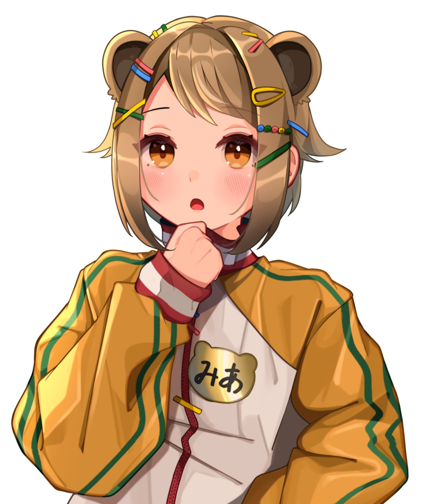 animal_ears animare blush brown_eyes brown_hair female hair_ornament highres jacket konan_mia konan_mia_(1st_costume) long_sleeves multicolored_clothes multicolored_jacket nanashi_inc. open_mouth short_hair simple_background solo temari_maco tongue two-tone_jacket upper_body virtual_youtuber white_background