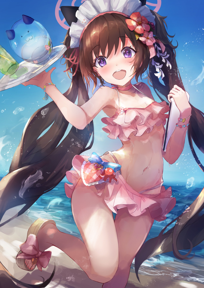 absurdres animal_ears beach bikini blue_archive blush bow bracelet brown_hair cat_ears choker collarbone commentary cup female flower frilled_bikini frilled_hairband frills hair_flower hair_ornament hairband halo heart hibiscus highres holding holding_tray jewelry kanzashi long_hair looking_at_viewer maid_headdress navel official_alternate_costume open_mouth outdoors pink_choker purple_eyes red_flower shizuko_(blue_archive) shizuko_(swimsuit)_(blue_archive) slippers smile solo stomach swimsuit thigh_gap tray trrcmb twintails very_long_hair water white_flower