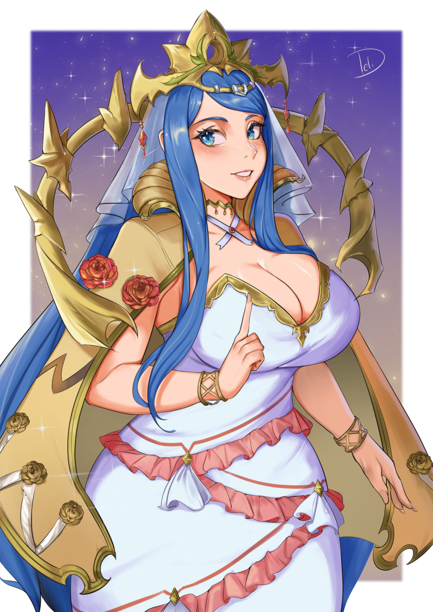 absurdres blue_eyes blue_hair bracelet breasts cape cleavage commentary_request cowboy_shot crown deliciousbrain dress female fire_emblem fire_emblem_engage grin highres jewelry large_breasts long_hair looking_at_viewer lumera_(fire_emblem) smile solo sparkle standing strapless strapless_dress veil very_long_hair white_dress yellow_cape