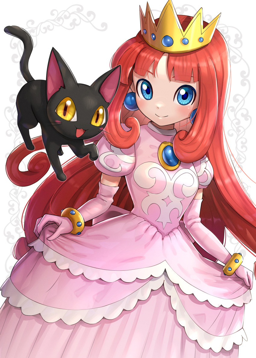 blue_eyes bracelet chest_jewel crown dress elbow_gloves feline female gem gloves gonzarez highres jewelry long_hair mario_(series) pink_dress princess princess_dress princess_shokora red_hair wario_land wario_land_4