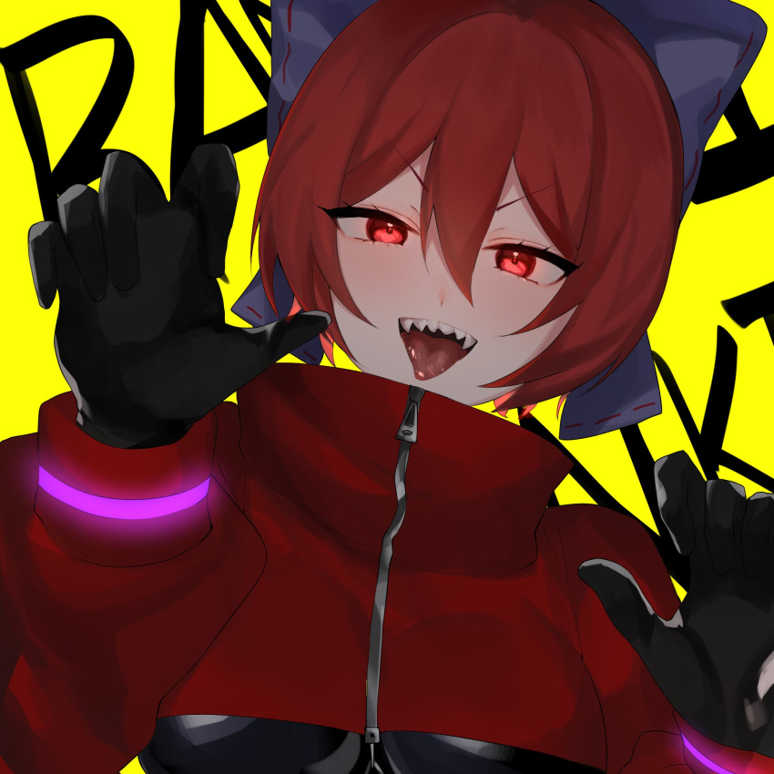 adapted_costume akatsuki_records black_gloves blue_bow bow claw_pose female gao gloves glowing glowing_eyes hair_between_eyes hairbow high_collar highres long_sleeves looking_at_viewer majime_joe red_eyes red_hair rock_'n'_rock_'n'_beat sekibanki sharp_teeth short_hair solo teeth tongue tongue_out touhou upper_body v-shaped_eyebrows yellow_background