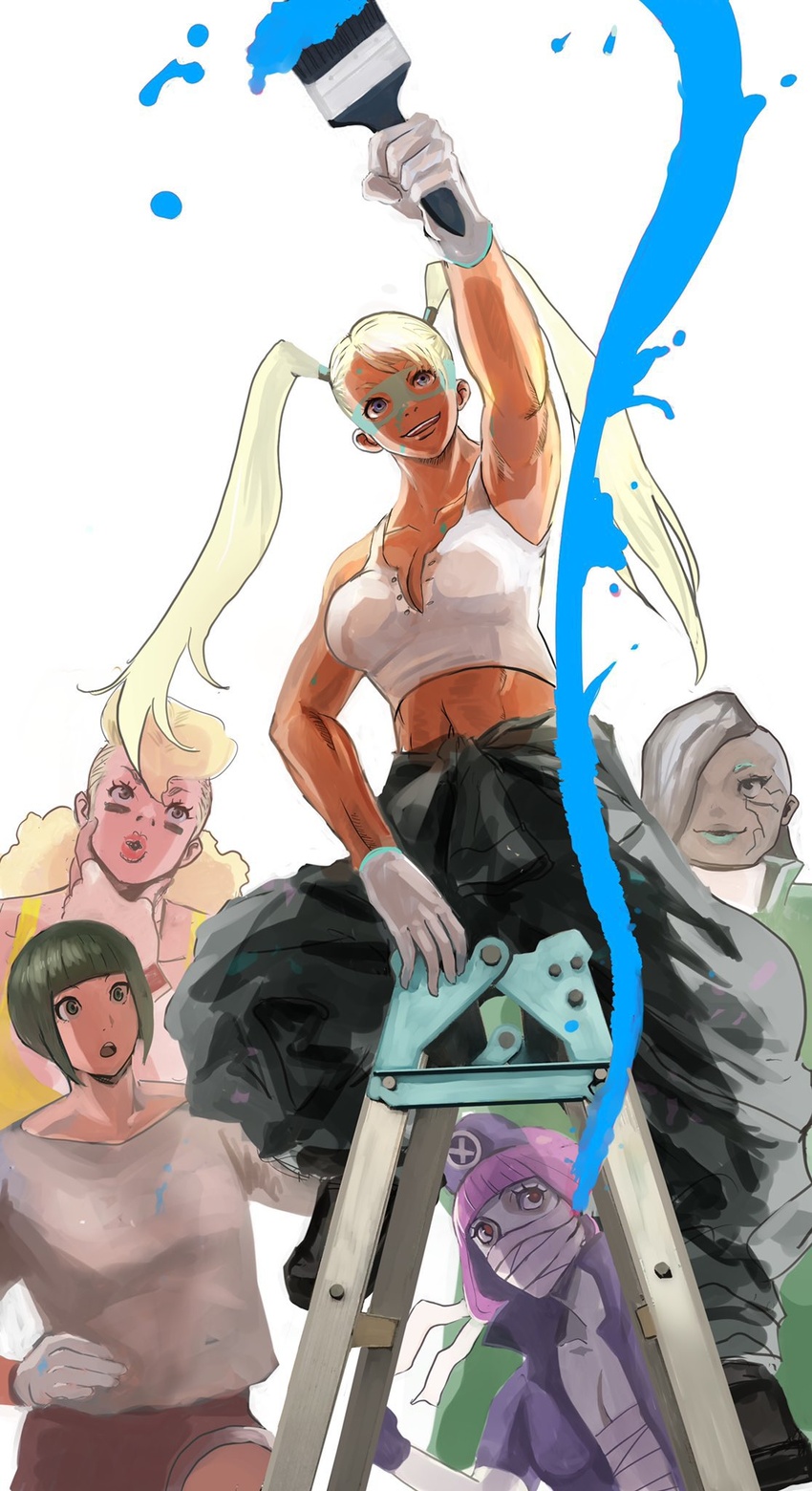 5girls bandages blonde_hair casual commentary_request crop_top harmageddon_yoko hat highres ladder maple_storm meke_(77842928) multiple_girls muscular muscular_female nurse_cap paint_splatter paint_splatter_on_face paintbrush painting_(action) pants purple_eyes rainbow_mika stepladder street_fighter street_fighter_v twintails vivian_nishiki white_background yamato_nadeshiko_(street_fighter)