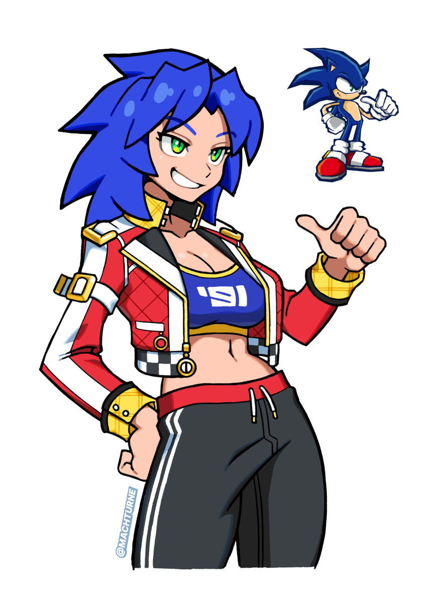 absurdres black_pants blue_hair breasts cleavage commentary crop_top english_commentary female genderswap_(mtf) green_eyes grin hand_on_own_hip highres humanization jacket machturne medium_hair midriff navel pants rule_63 simple_background smile sonic_(series) sonic_battle sonic_the_hedgehog spiked_hair thumbs_up white_background