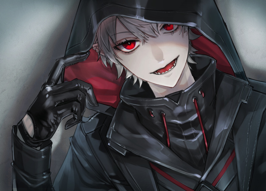 1boy albino black_gloves black_hoodie commentary earrings gloves grey_background grey_hair hair_between_eyes hood hood_up hoodie jewelry kuzuha_(nijisanji) looking_at_viewer lower_teeth_only madota_yuki male_focus messy_hair nijisanji open_mouth pale_skin red_eyes sharp_teeth smile solo teeth upper_body virtual_youtuber