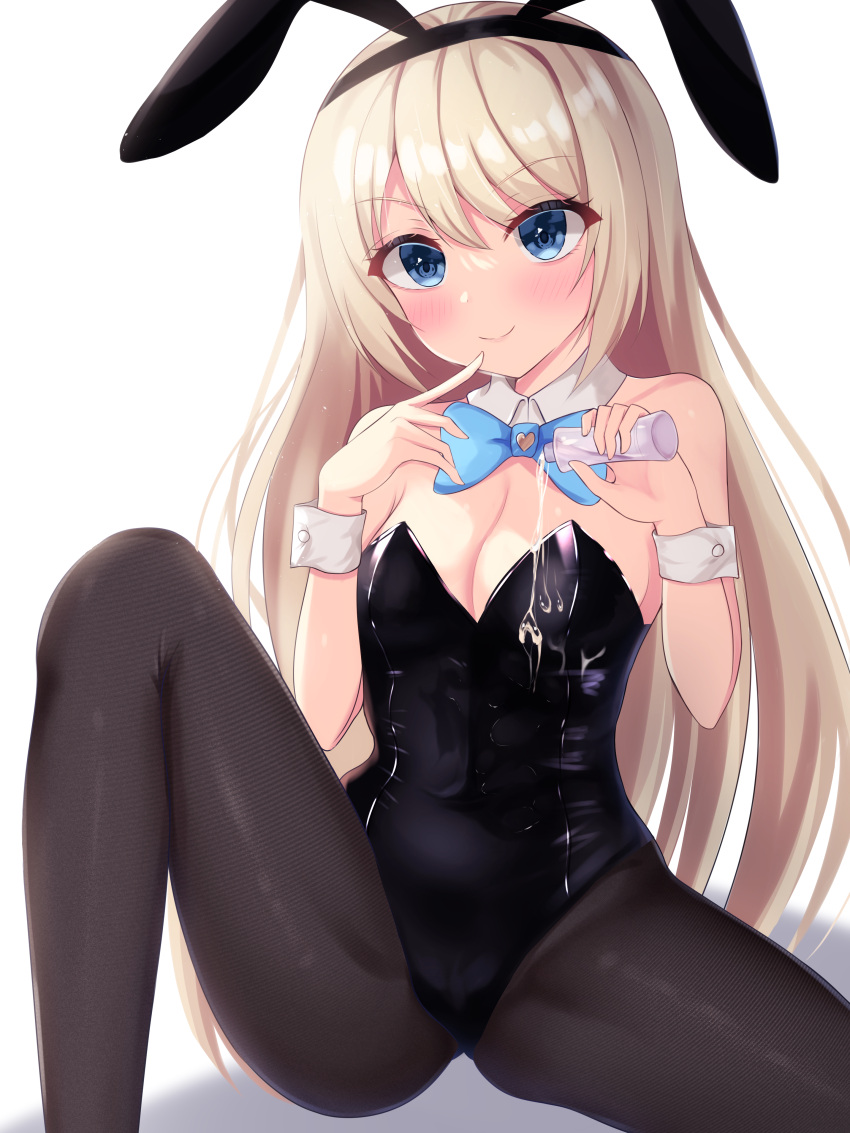 absurdres animal_ears black_leotard black_pantyhose blonde_hair blue_bow blue_bowtie blue_eyes bow bowtie breasts cleavage detached_collar fake_animal_ears female finger_to_mouth highres kuon_(kuon) leotard long_hair lotion masquerade_channel medium_breasts pantyhose playboy_bunny rabbit_ears rabbit_tail simple_background sitting solo spill strapless strapless_leotard tail virtual_youtuber white_background wrist_cuffs yumemiya_alice