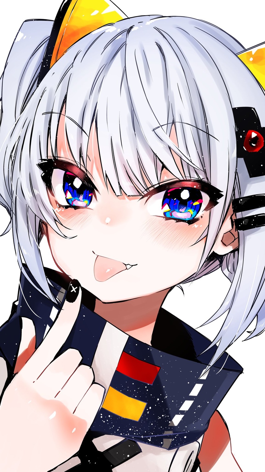 blue_eyes bow female hair_between_eyes hand_up highres kaguya_luna looking_at_viewer medium_hair nez_n oerba_yun_fang pointing pointing_at_self portrait sidelocks solo the_moon_studio tongue tongue_out virtual_youtuber white_background white_hair yellow_bow