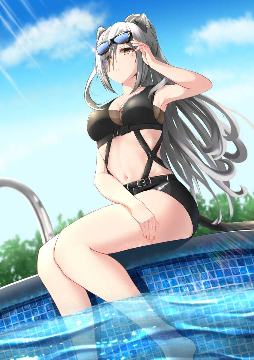 absurdres animal_ears arknights bare_legs black_shorts blue_sky breasts calvaires cat_ears cloud commentary crop_top day female goggles goggles_on_head grey_hair highres long_hair looking_at_viewer medium_breasts midriff navel outdoors schwarz_(arknights) short_shorts shorts sitting sky soaking_feet solo stomach symbol-only_commentary thighs water yellow_eyes