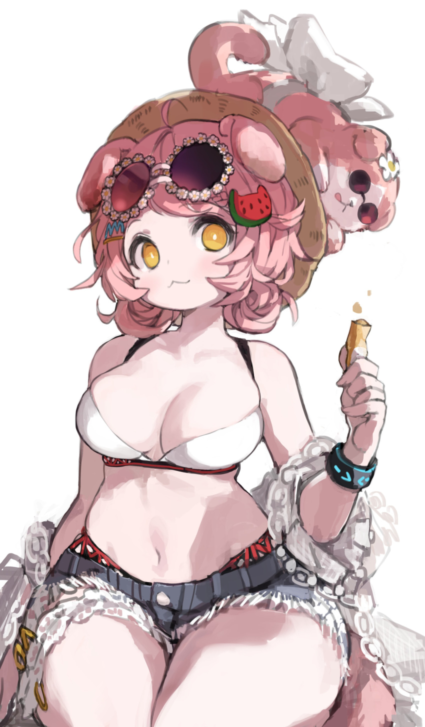 :3 absurdres ahoge animal_ears animal_on_head arknights bikini bikini_under_clothes bikini_under_shorts black_bracelet blue_shorts breasts bright_pupils brown_hat cat_ears cat_girl cat_on_head cat_tail cleavage cowboy_shot eyewear_on_head feline female floppy_ears food-themed_hair_ornament goldenglow_(arknights) goldenglow_(summer_flowers)_(arknights) hair_ornament hairclip hat highres holding infection_monitor_(arknights) kkaebing large_breasts looking_at_viewer micro_shorts navel official_alternate_costume on_head pink_hair purple-tinted_eyewear round_eyewear short_hair shorts simple_background sitting solo stomach sunglasses swimsuit tail thighs tinted_eyewear watermelon_hair_ornament white_background white_bikini white_pupils wide_hips yellow_eyes