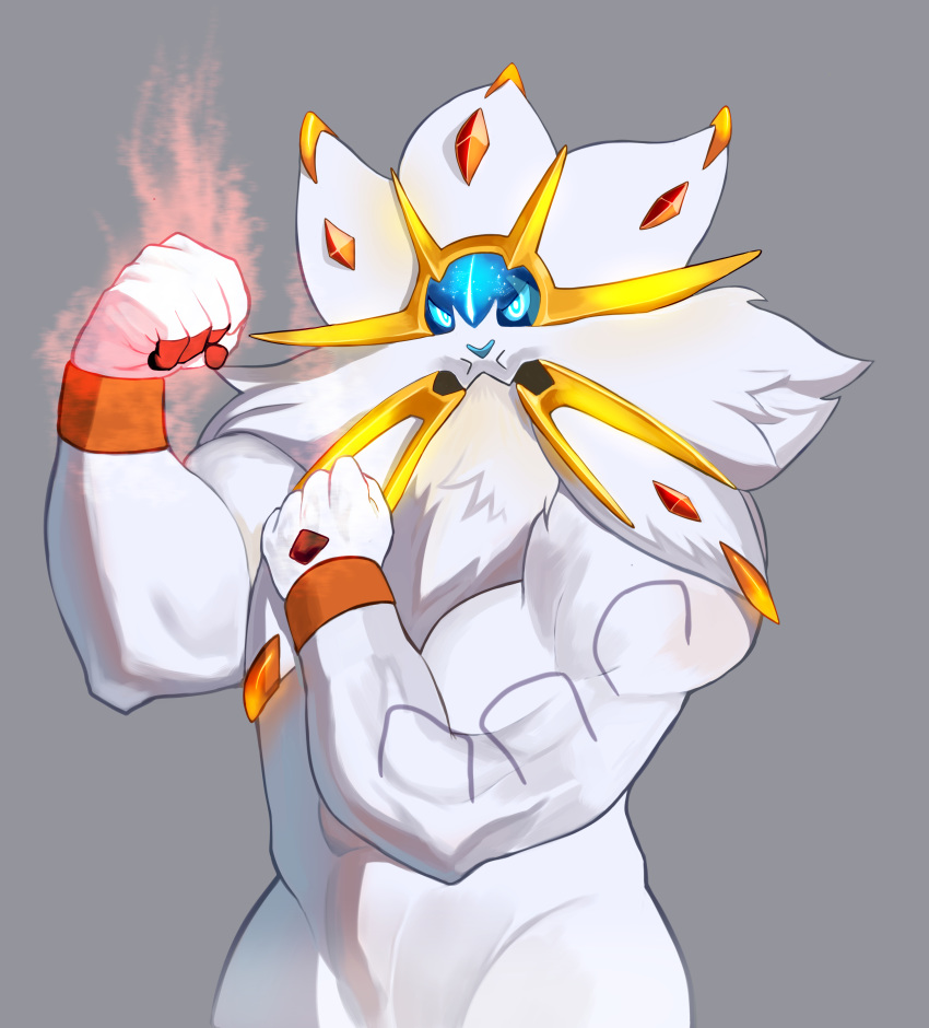 5_fingers absurd_res anthro anthrofied biceps fingers flexing fur generation_7_pokemon grey_background hi_res legendary_pokemon looking_at_viewer male mane nintendo pokemon pokemon_(species) pokemorph ryulabo simple_background solgaleo solo soonico white_body white_fur white_mane